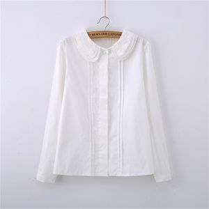 Cute White Blouse Peter Pan Collar Ruched Lace Embroidery Shirt For Girls Long Sleeve S-XXL blusas femininas T51285 210421