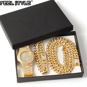 Gold Necklace +Watch+Bracelet Hip Hop Miami Curb Cuban Chain Gold Full Iced Out Paved Rhinestones CZ Bling For Men Jewelry X0509