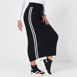 Maifun Summer Women's Elastic Svart Skirt Drawstring Webbing Strikerad Striped Long Casual Sexig All-Match Bag Hip Calf Kjol 210730