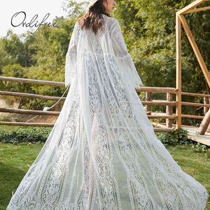 Summer Women Boho White Beach Maxi Dress Lace Embroidery Hollow Out Belted Sexy Transparent Tulle Long Cardigan 210415