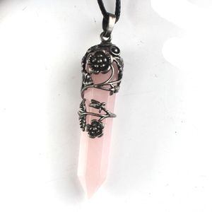 Natural Healing stone Crystal Pendulum Necklace Pink Rose Quartz Hexagon Prism Leaf Flower Pendant For Gift Jewelry
