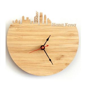 Wall Clocks Natural Bamboo HongKong Clock Skyline Design Watch Memorial Pography Decoration Modern City