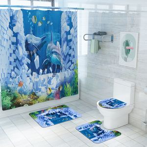 Dolphin Cartoon Print Vattentät Dusch Gardin Rug 4-Piece Toalett Mat Uppsättning Fabrikspris Expert Design Kvalitet Senaste Style Original Status