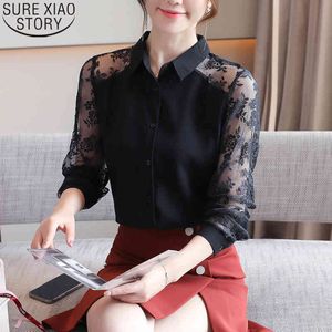 Escritório senhora preto moda rendas chiffon manga comprida blusa mulheres coreano elegante tops blusas mujer 11491 210417