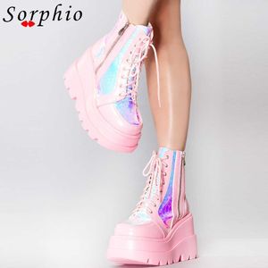 Fashion Platfrom Wedges Ankle Boots Women Pink Color Changing Zipper Lace Up Design Goth Shoes Woman Casual Comfort Popular Y0914