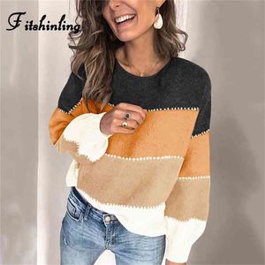 Fitshinling Vintage Frauen Pullover und Pullover Strickwaren Patchwork Slim Winter Tops Mode Boho Strickpullover Basic Pullover 210914