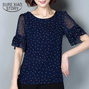 Frühlingsfrauen Chiffonbluse Kurzarm Plus Größe 4XL 5XL Polka Dot Thin Top Freizeithemd Femme Kleidung Rosa Weiß 4010 210528