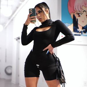 Kvinnor Hög midja Yoga Outfit Sexig Svart Slim Jumpsuit Långärmad Casual Fitness Wear Hollow Andningsbar Snabb TRACKSUIT