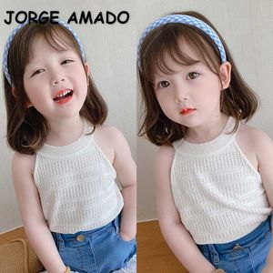 夏のティーンエイジャー女の子ベストソリッドカラーシン編み猫カミソルカジュアルスタイル子供服E2700 210610