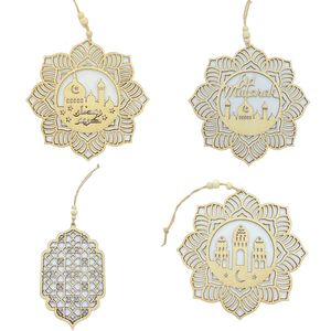 Ornamento di festa in legno Ramadan Eid Mubarak Lettere Moschea Ciondolo appeso 4 pezzi / set Eids Al-Fitr Celebrazione Forniture decorative
