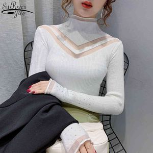 Outono Moda Mulheres Manga Longa Slim Sweater Camisola Turtleneck Hollow Mulheres Sexy Lace Winter Roupas 11558 210427