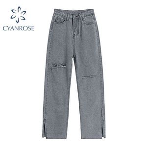 Высокая талия серые разорванные джинсы женщин уличная одежда мешковатая Harajuku широкая нога женские брюки винтажные прямые длинные брюки 211129