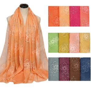 Bordado Floral Cristal Stone Silk Lenço Hijab Poliéster Lenço Lenço de Alta Qualidade Mulheres Muçulmanas Mudascarf Wrap 180 * 90cm
