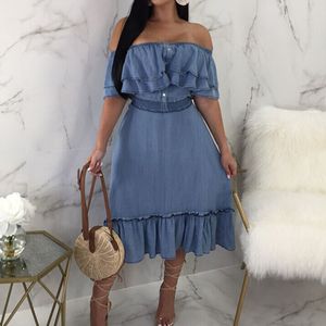 Kobiety Off Ramię Denim Chic Dress Ruffles Letnie wakacje Słodkie sukienki 210521