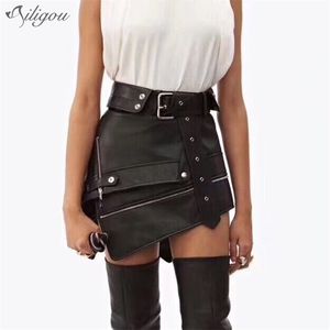 Faux Skórzane Panie Mini Spódnica Czarny PU Pas Zipper Wysoka talia Kobiety Lato Moda Ubrania 210525