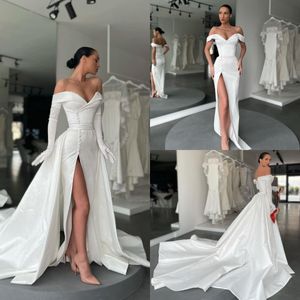 Elegancka satynowa syrenka Side Split Suknie ślubne Suknie panny młodej 2024 Off the ramion długie rękaw Nigerian vestido de novia