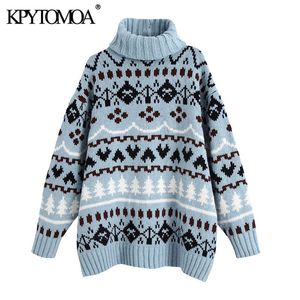Women Fashion Oversized Jacquard Knitted Sweater Vintage High Neck Long Sleeve Female Pullovers Chic Tops 210416