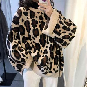 Camisola de leopardo Mulheres O pescoço manga comprida pulôvers vintage solto tops coreano moda streetwear pull femme 210510