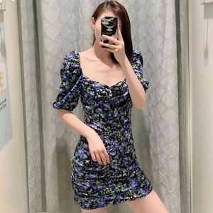 vintage floral ruched bodycon mini dress women summer puff sleeve chic retro beach party green short dress boho dress 210415