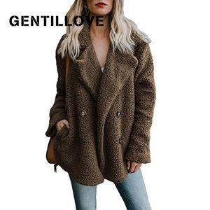 Gentillove女性冬テディコート女性暖かいフェイク毛皮イングランドコートカジュアル特大の柔らかいふわふわフリースジャケットオーバーコート211124