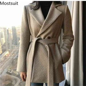 Winter Korean Thicken Woolen Women Coat Belted Vintage Long Sleeve Fashion Office Workwear Ladies Coats Outerwear 210513