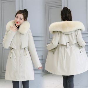 다운 재킷 여성 면화 안감 겨울 파카 코트 숙녀 파커 패션 플러스 벨벳 두꺼운 중간 중간 긴 후드 211018