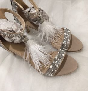 2023 moda scarpe da sposa piuma 4 pollici tacco alto cristalli strass scarpe da sposa con cerniera sandali del partito scarpe per le donne Siz262v