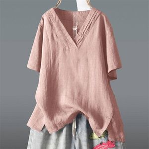 FJE Summer Women Tshirt Plus Size Short Sleeve Casual Loose V-Neck Tee Femme Oregelbundenhet Vintage Bomull Linne Tops D9 210401