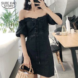 Koreański Retro Z Krótkim Rękawem Kobiety Sukienka Seksowna Potargowana Slash Collar Wysoka Talia Lato ES Ladies 13302 210508