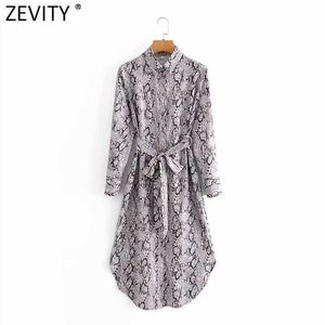 Zevity Women Sexy Snake Skinプリント弓ティーサッシのMidi Dress Office Lady Long SleeveカジュアルビジネスA線Vestido DS4771 210603