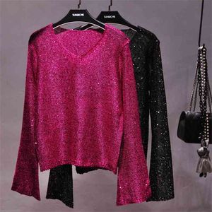 QOOTH LAILINAS FOYS'S T-shirt rosa Pullover Ins Manga Longa V-Neck Lurex Brilhante Tshirt Bling Knitting Camisas QH2190 210518