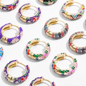 Retro Enamel Hoop Huggie Earrings For Women Colorful Flowers Designer Jewelry 18k Gold Alloy Blue Red Purple Black Girls Earring Gift