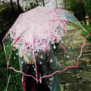 Tjockning Genomskinlig trefaldig regnparaply Japansk körsbärsblomma Plast PVC Clear Falbala Paraply Parapluie 210626