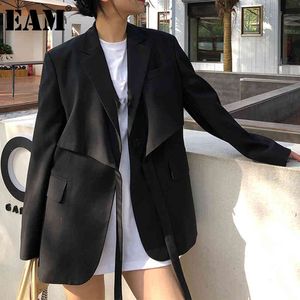 [EAM] Black Irregular Bandage Women Blazer Lapel Long Sleeve Loose Fit Jacket Fashion Spring Autumn 1DD6460 21512