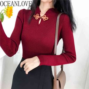 Camisolas de mulher vintage sólida estilo chinês elegante turtleneck mueres outono inverno outono moda 18770 210415