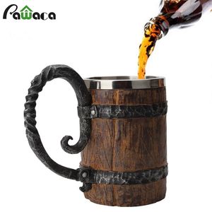 550ml Simulation Wooden Barrel Double Layer Beer Mug Stainless Steel Drinking Cup Coffee Drinkware Handcrafted Whiskey Glass 210409