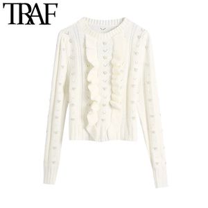 TRAF Женщины Мода с искусственными жемчугами Ruffled Tracked вязаные свитера Винтаж с длинным рукавом женские пуловеры шикарные вершины 210415