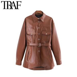 TRAF Women Vintage Stylish Pockets PU Faux Leather Jacket Coat Fashion Long Sleeve With Belt Female Outerwear Chic Tops 210415