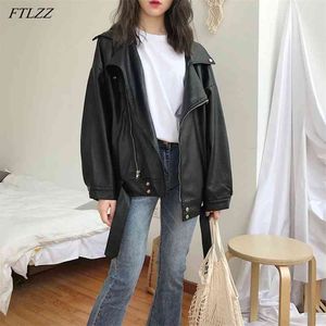 Outono Mulheres Streetwear Lote Preto Pu Faux Casaco de Cabelo Macio com Cinto Casual Feminino Motociclista Abra o casaco de colar 210430