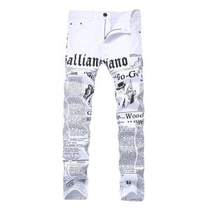 Men Autumn Hip Hop Denim Jeans Classic Spaper Letter Printed Casual Slim Cowboys Trousers Man Young Fashion White