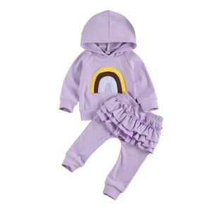 0-3Y Höst Winter Toddler Spädbarn Baby Kid Girl Clothing Set Rainbow Hooded Långärmad Topp Ruffles Byxor Outfit Kläder 210515