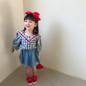 Wholesale toddler blue suit for sale - Group buy Clothing Sets Summer Toddler Girls Clothes Kids Korean Fashion Suits V Neck Plaid Tops Blue Skrit Baby Navy Style For