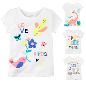 Högsta kvalitet baby flicka sommar kläder toppar blomma fåglar tee shirts outfits söt spädbarn t-shirts härliga barn kläder vit 210413