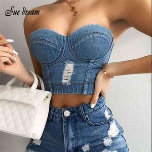 Denim çizik kadın spagetti kayışı elmas yırtık push up büstiyer gece kulübü parti mahsul üst korse cames yelek 210625