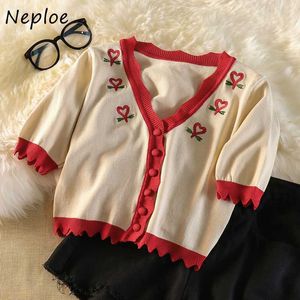 Neploe Summer 2021 Vネックフラワープリントニットカーディガン女性刺繍半袖フリル女性トップスCamisetas de Mujer Y0825