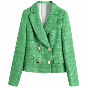 Schlanke Frauen Grün V-ausschnitt Langarm Mantel Frühling-herbst Mode Damen Vintage Weibliche Einreiher Blazer 210515