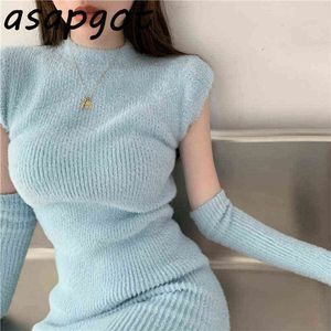 New Fall Winter Tight Blue Half Turtleneck Sweaters Dress Mini Lady Fashion Slim Sheath Pink Knitted Dress Casual Sexy Black G1214