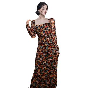 Maxi impressão vestido coreano senhoras sexy manga longa quadrado pescoço apertado elegante flor festa vestidos para mulheres roupas 210602