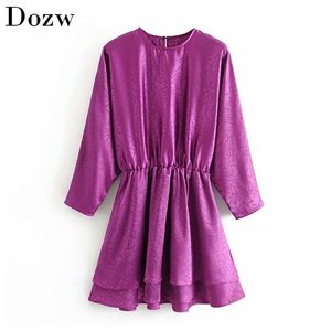 Lady Solid Satin Dress Batwing Long Sleeve Loose Mini O Neck Fashion Female A Line Hollow Out Sundress Robe Femme 210515