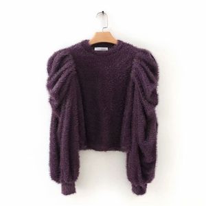 women fashion pleats puff sleeve wool spinning sweater ladies basic knitted casual slim high street sweaters chic tops S225 210420